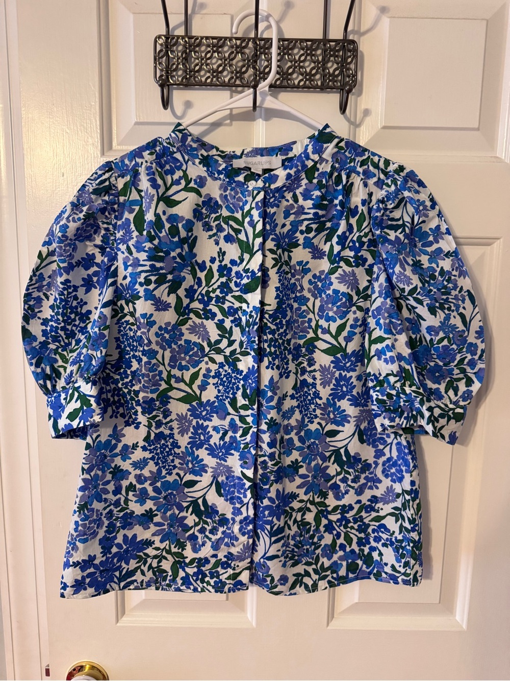 Sugarlips Blue Floral Puff-Sleeve Blouse with Green Accents
